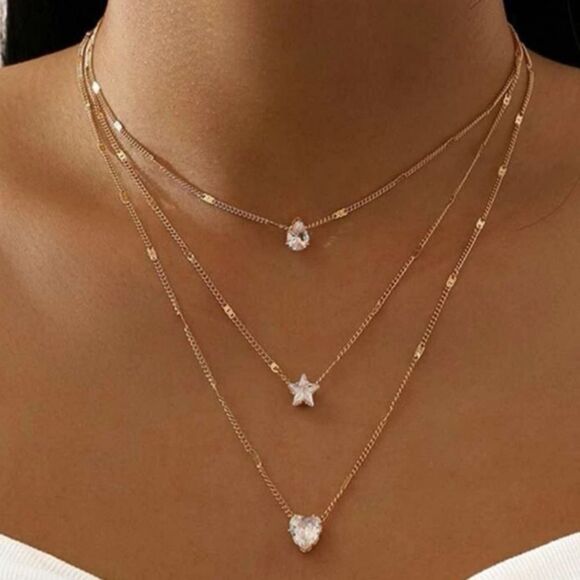 3 for $26 - Rhinestone Heart Star & Water-drop Charm Layered Necklace - Picture 1 of 3